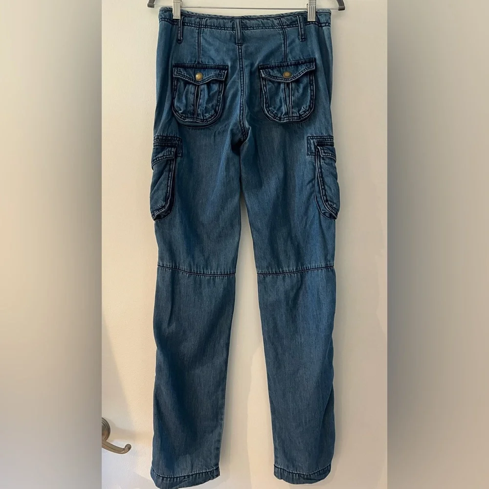 Juicy Couture Cargo Pants Blue Lyocell Cotton Blend Low Rise Roll Tab Hem Size M